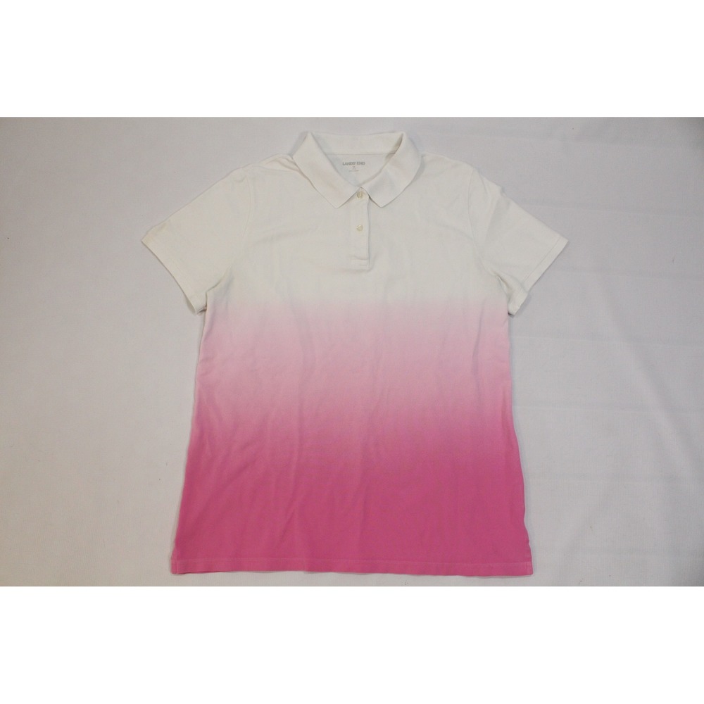 Lands End Womens Pink White Ombre Dip Dye Short Sleeve Polo Shirt M 10-12 507682